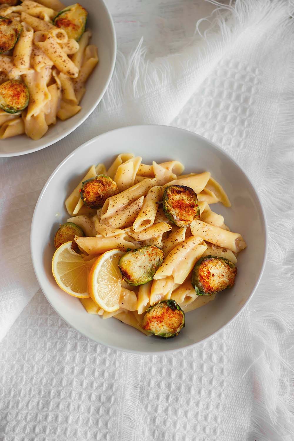 Vegan white bean pasta sauce with roasted brussels sprouts