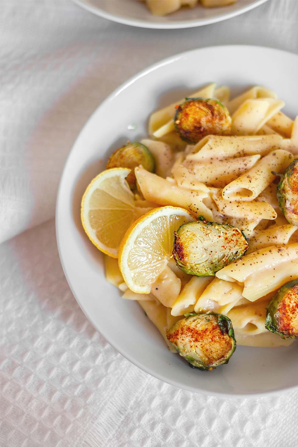 Vegan white bean pasta sauce with roasted brussels sprouts