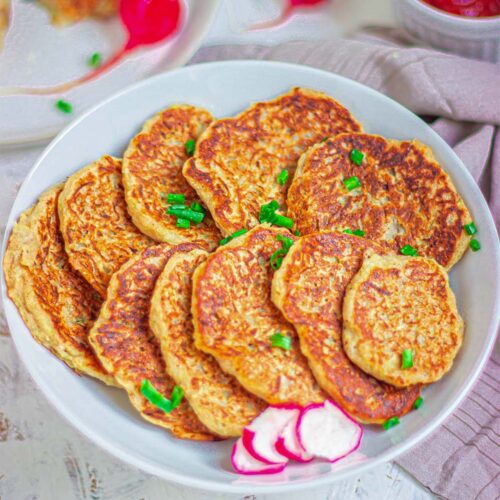 A bowl of vegan potato zucchini fritters