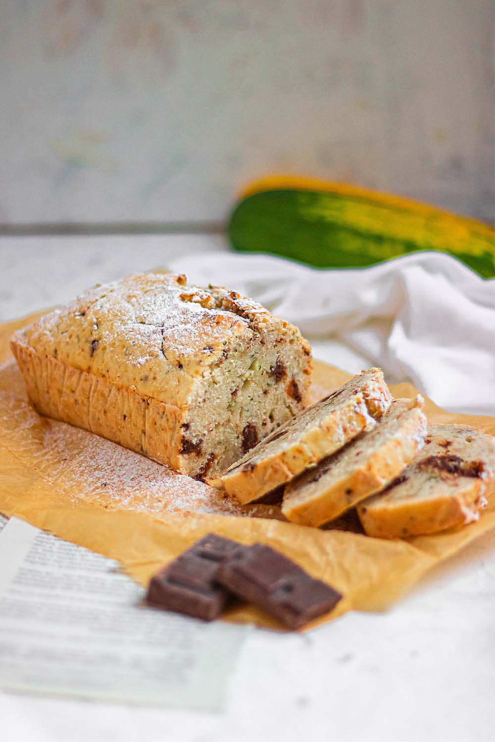 Sliced gluten-free and vegan zucchini bread with chocolate chips