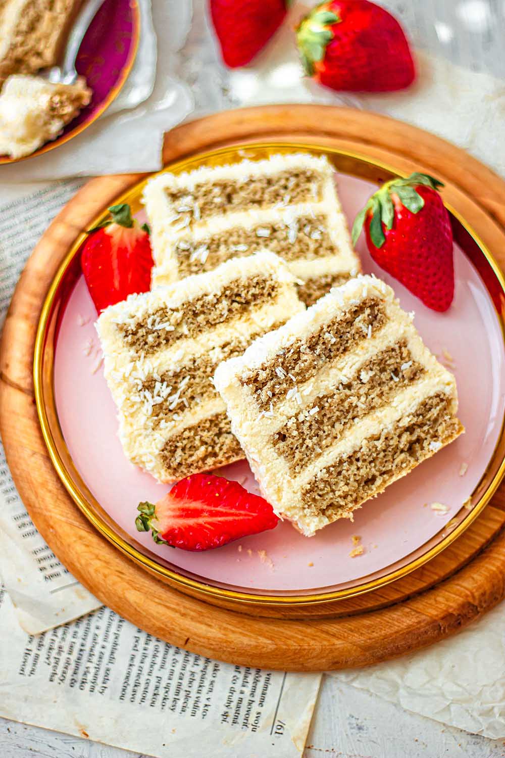 Gluten-free coconut cake with vegan coconut frosting