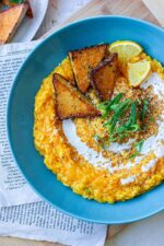 Vegan pumpkin risotto with roasted thyme tofu
