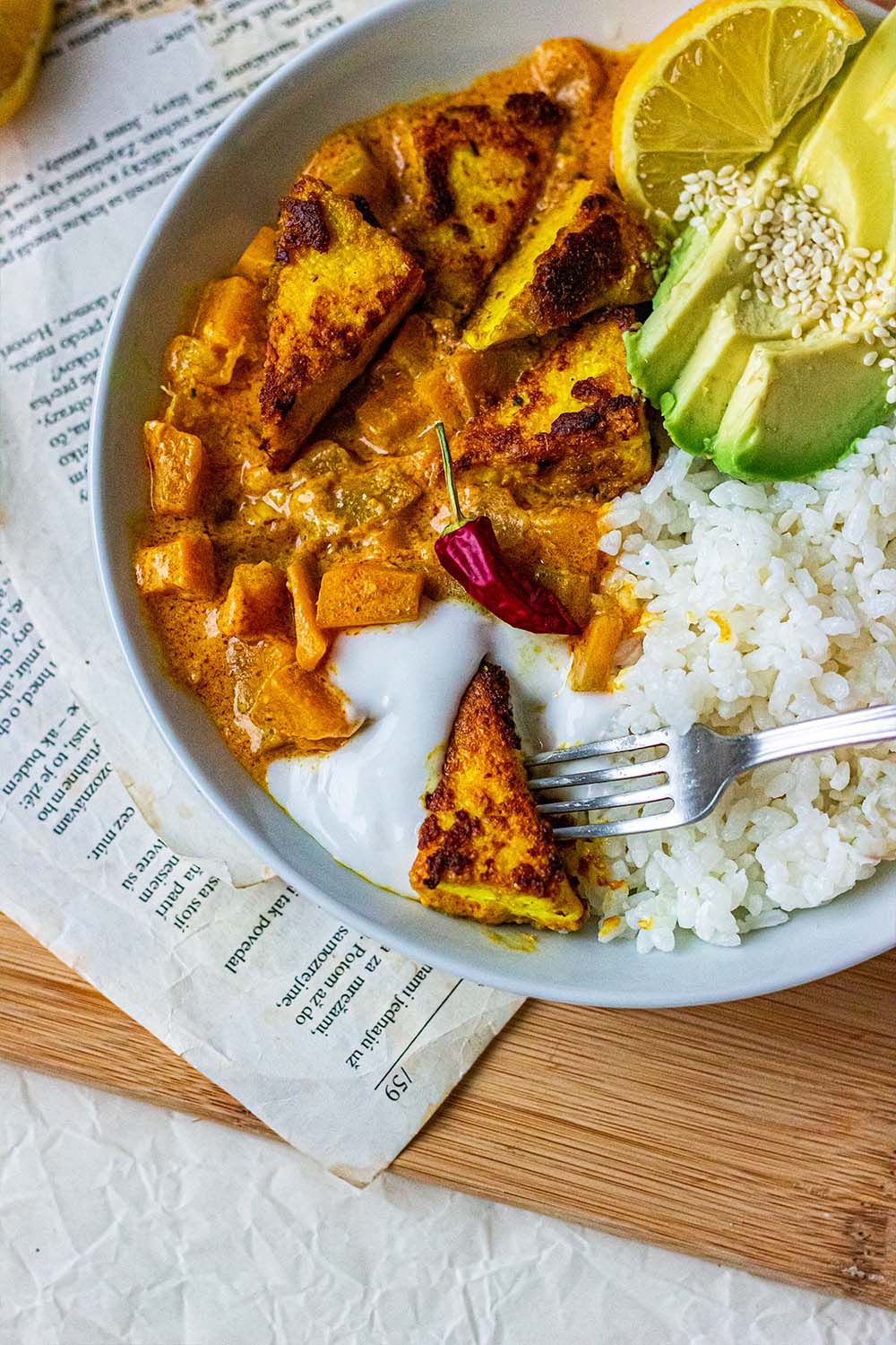 Vegan pumpkin tikka masala with crispy tofu
