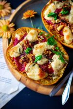 Spaghetti squash tomato bake with vegan cheese sauce