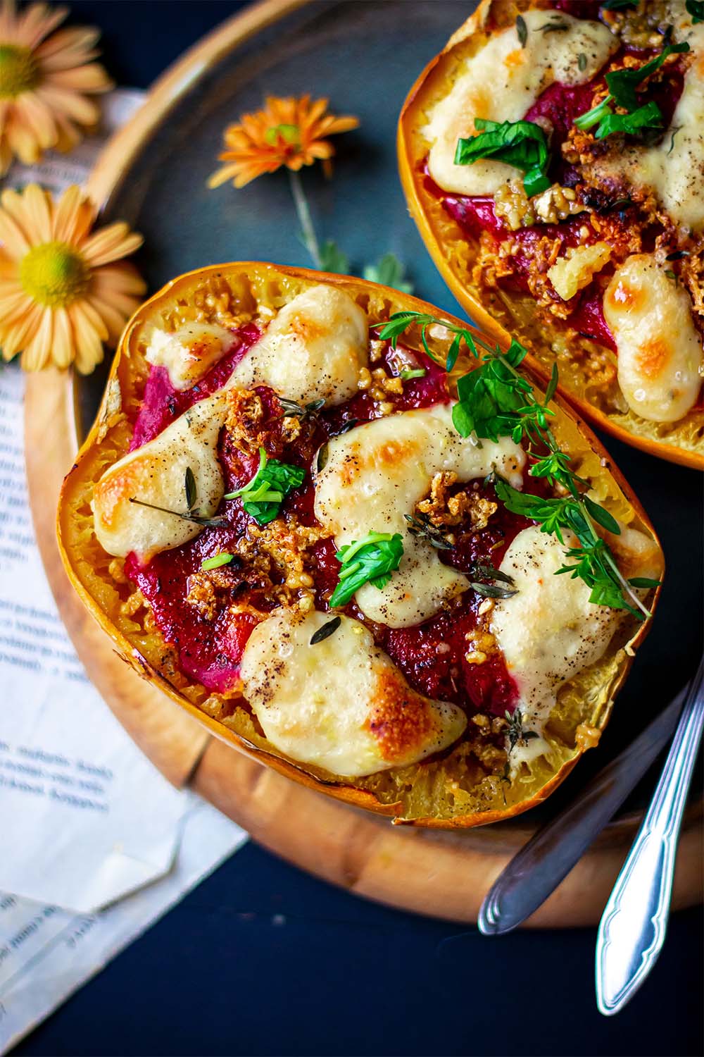 Spaghetti squash tomato bake with vegan cheese sauce